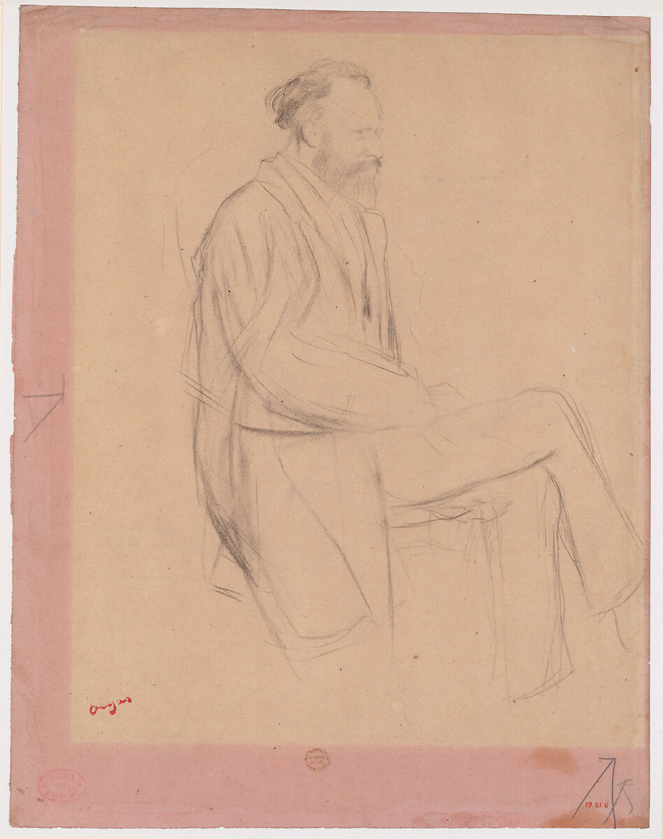 Édouard Manet, Seated, Right Profile, Edgar Degas (French, Paris 1834–1917 Paris), Black chalk on faded pink wove paper 