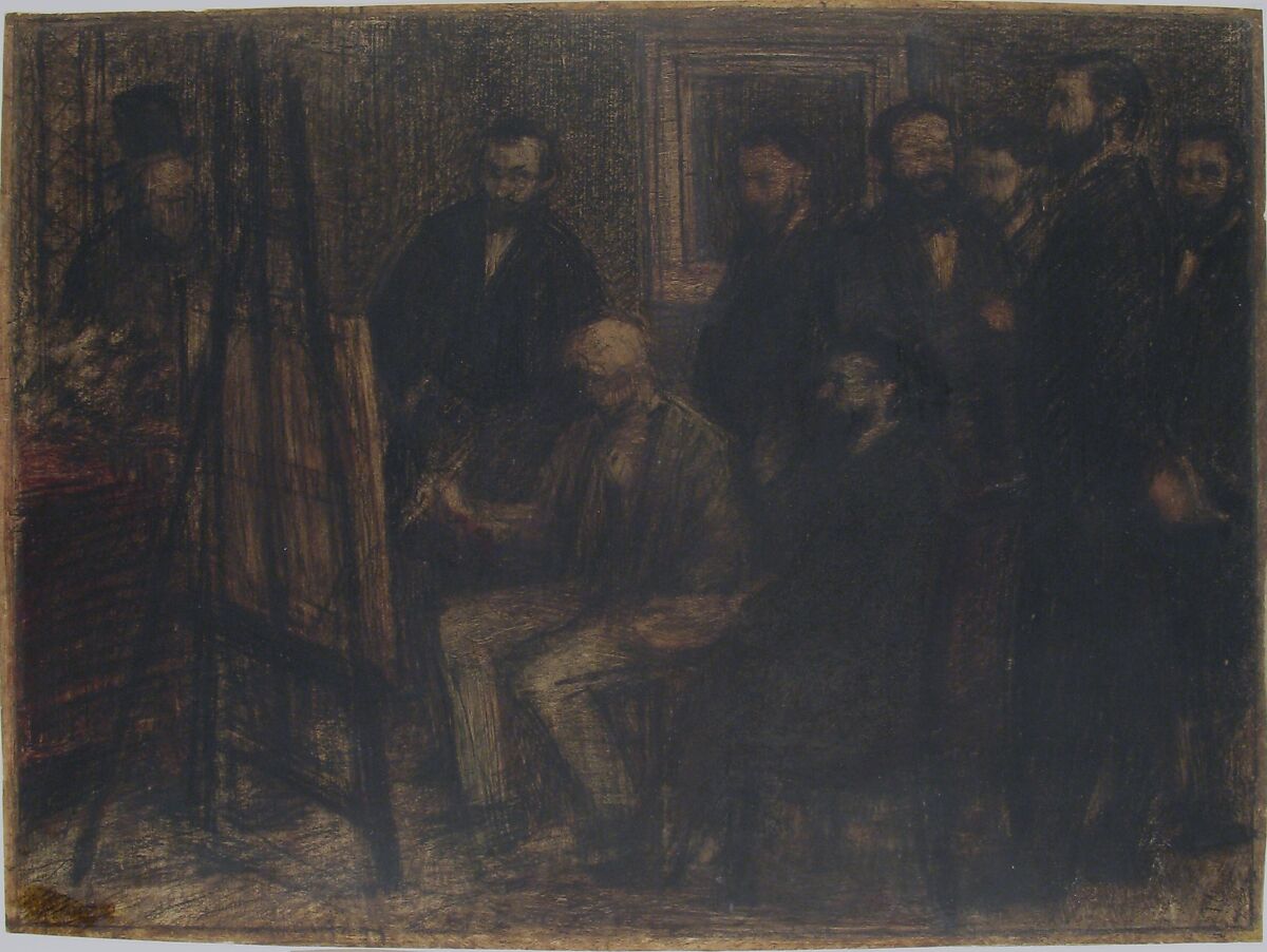 Manet's Studio in the Batignolles, Henri Fantin-Latour (French, Grenoble 1836–1904 Buré), Lithographic crayon, oil paint, and black ink