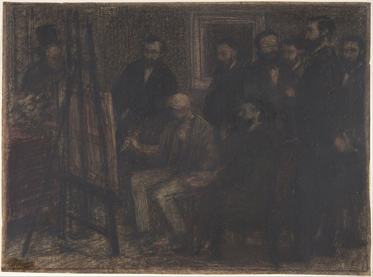 Manet's Studio in the Batignolles, Henri Fantin-Latour (French, Grenoble 1836–1904 Buré), Lithographic crayon, oil paint, and black ink 