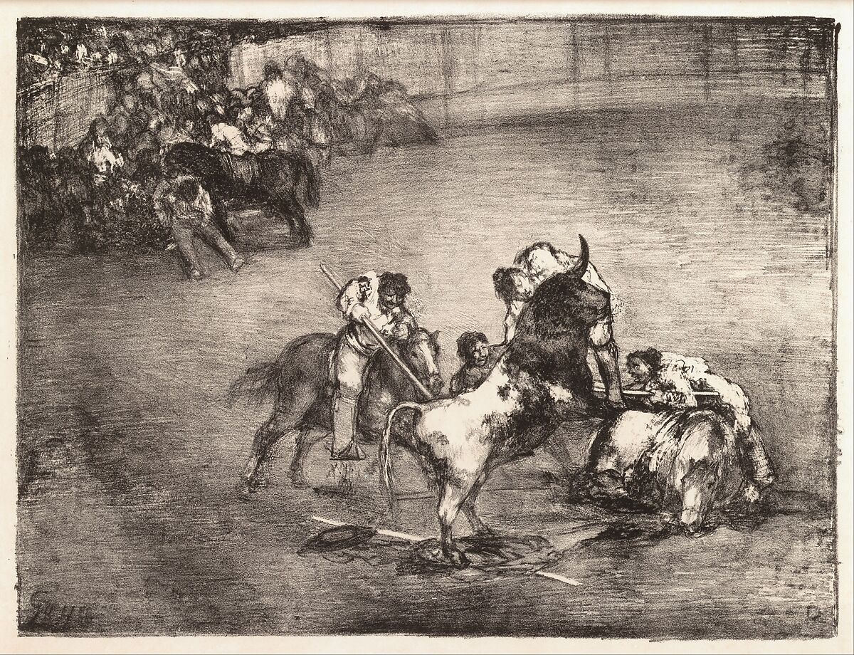 A picador caught by a bull, from the "Bulls of Bordeaux", Goya (Francisco de Goya y Lucientes) (Spanish, Fuendetodos 1746–1828 Bordeaux), Crayon lithograph and scraper 