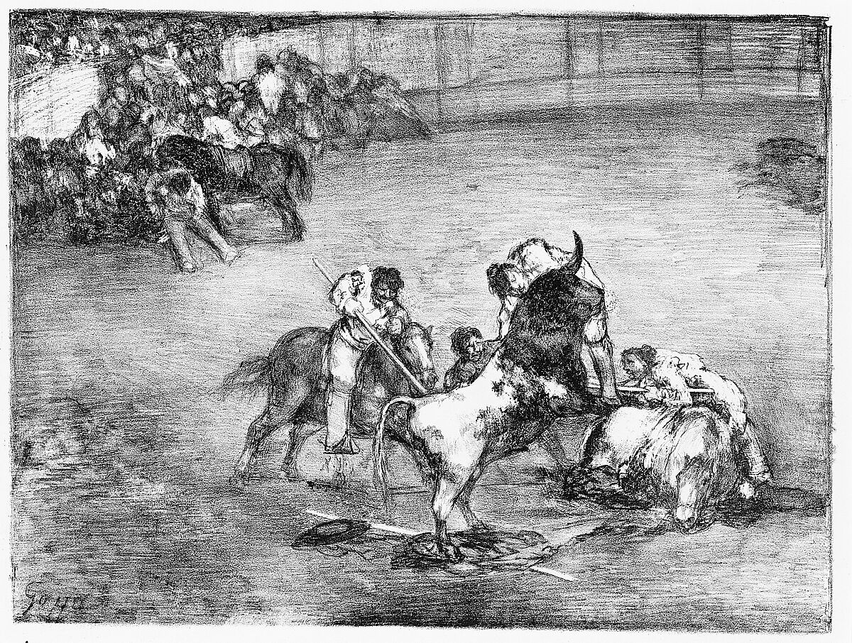 A picador caught by a bull, from the "Bulls of Bordeaux", Goya (Francisco de Goya y Lucientes) (Spanish, Fuendetodos 1746–1828 Bordeaux), Crayon lithograph and scraper
