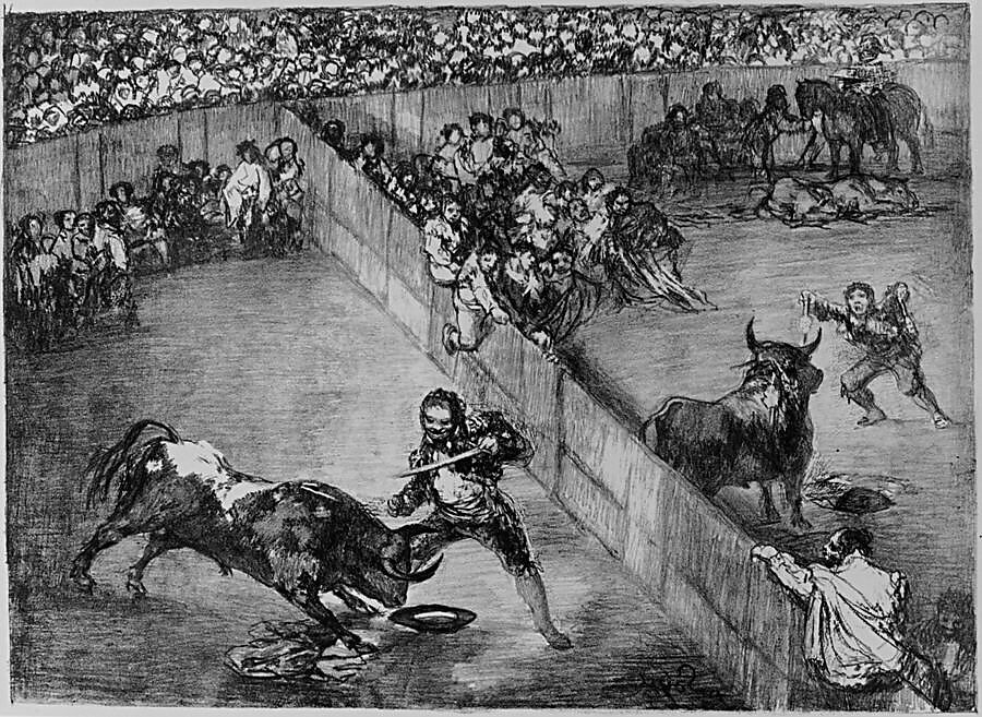 Bullfight in a divided ring, from the 'Bulls of Bordeaux', Goya (Francisco de Goya y Lucientes) (Spanish, Fuendetodos 1746–1828 Bordeaux), Lithograph