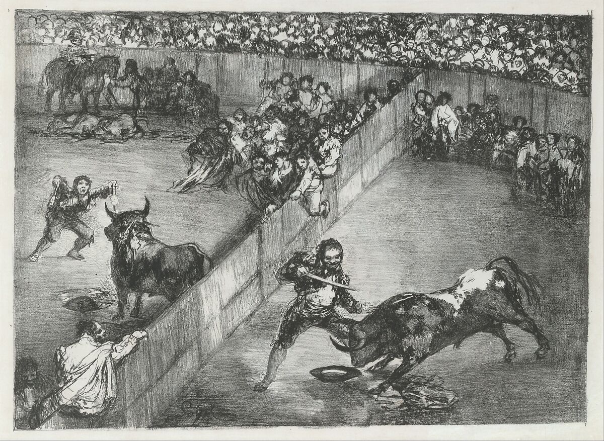 Bullfight in a divided ring, from the 'Bulls of Bordeaux', Goya (Francisco de Goya y Lucientes) (Spanish, Fuendetodos 1746–1828 Bordeaux), Lithograph 