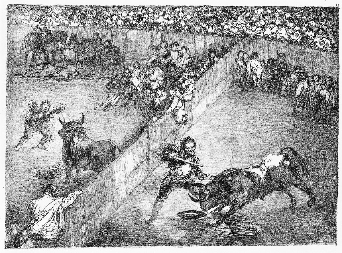 Bullfight in a divided ring, from the 'Bulls of Bordeaux', Goya (Francisco de Goya y Lucientes) (Spanish, Fuendetodos 1746–1828 Bordeaux), Lithograph