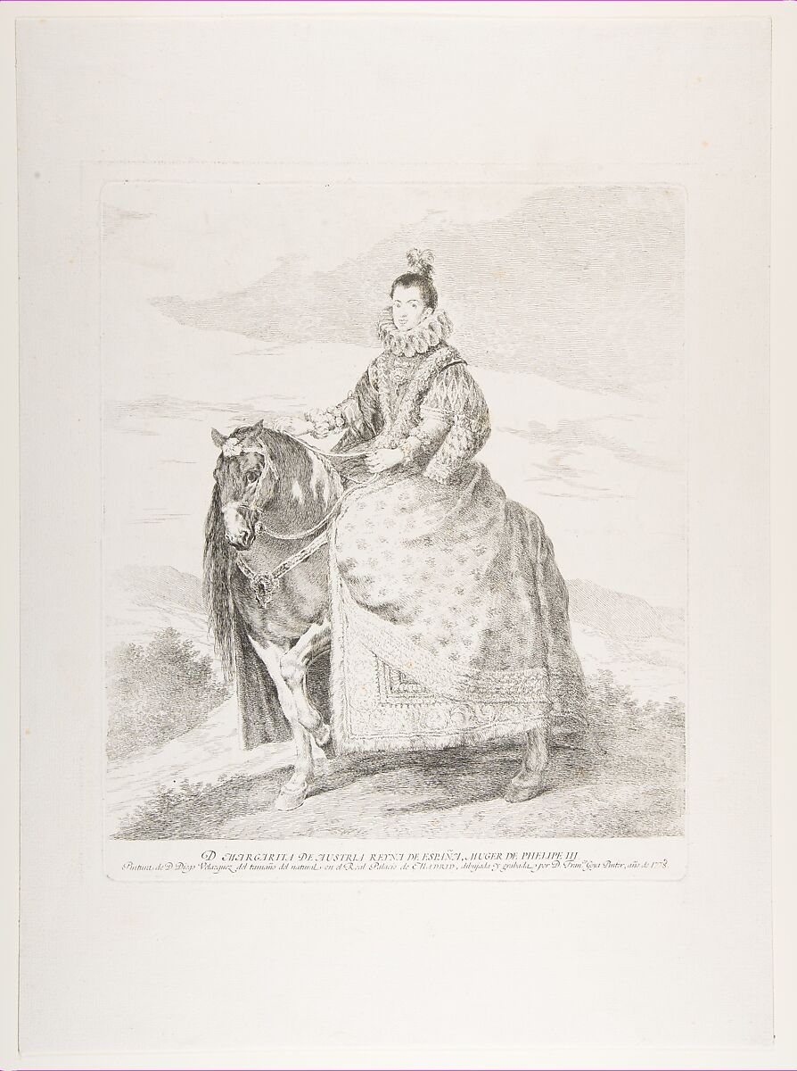 Margaret of Austria on horseback, after Velázquez, Goya (Francisco de Goya y Lucientes) (Spanish, Fuendetodos 1746–1828 Bordeaux), Etching and drypoint 