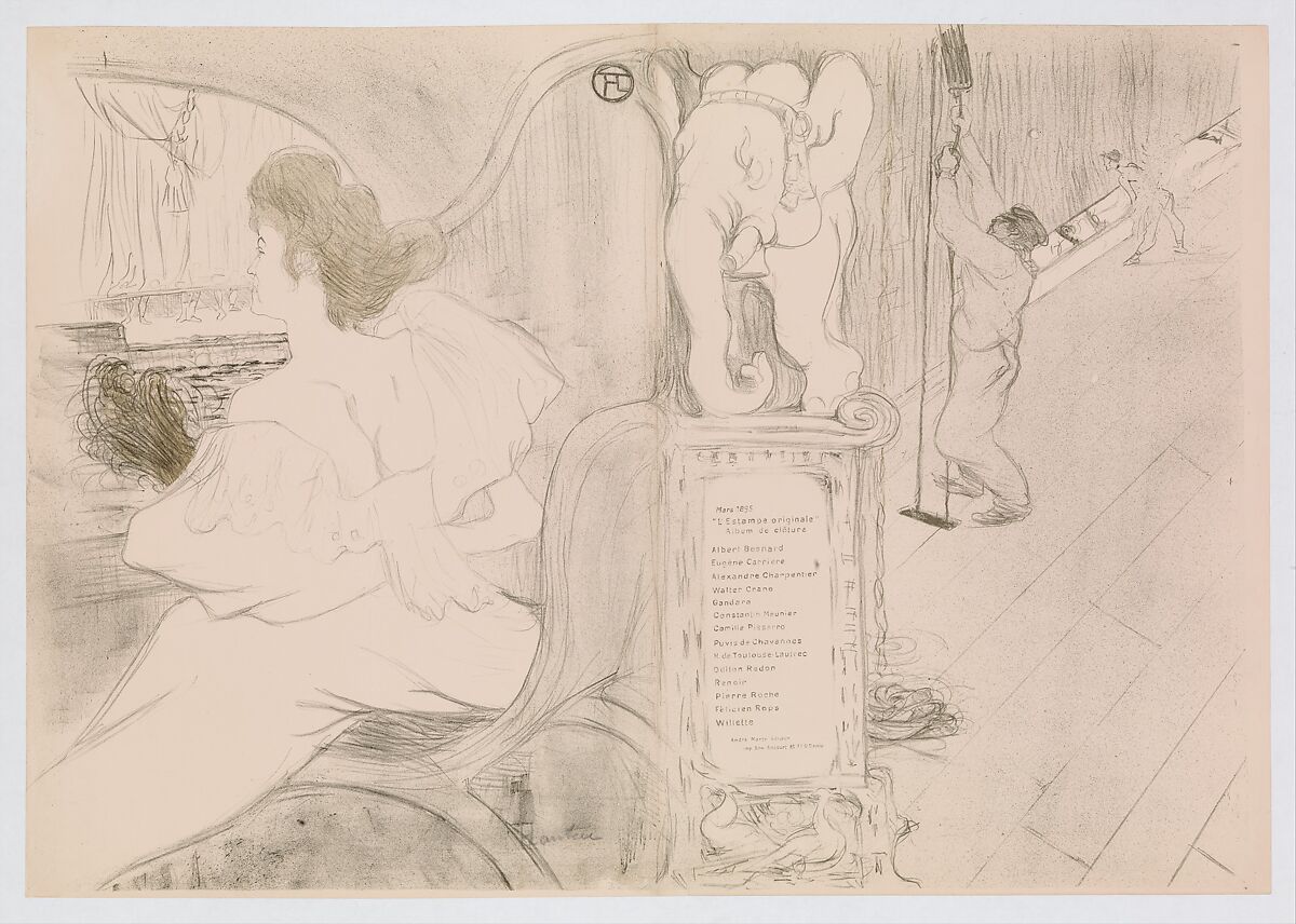 At the Curtain (Au rideau), Henri de Toulouse-Lautrec (French, Albi 1864–1901 Saint-André-du-Bois), Crayon, brush, and spatter lithograph printed in two colors on wove paper; only state 