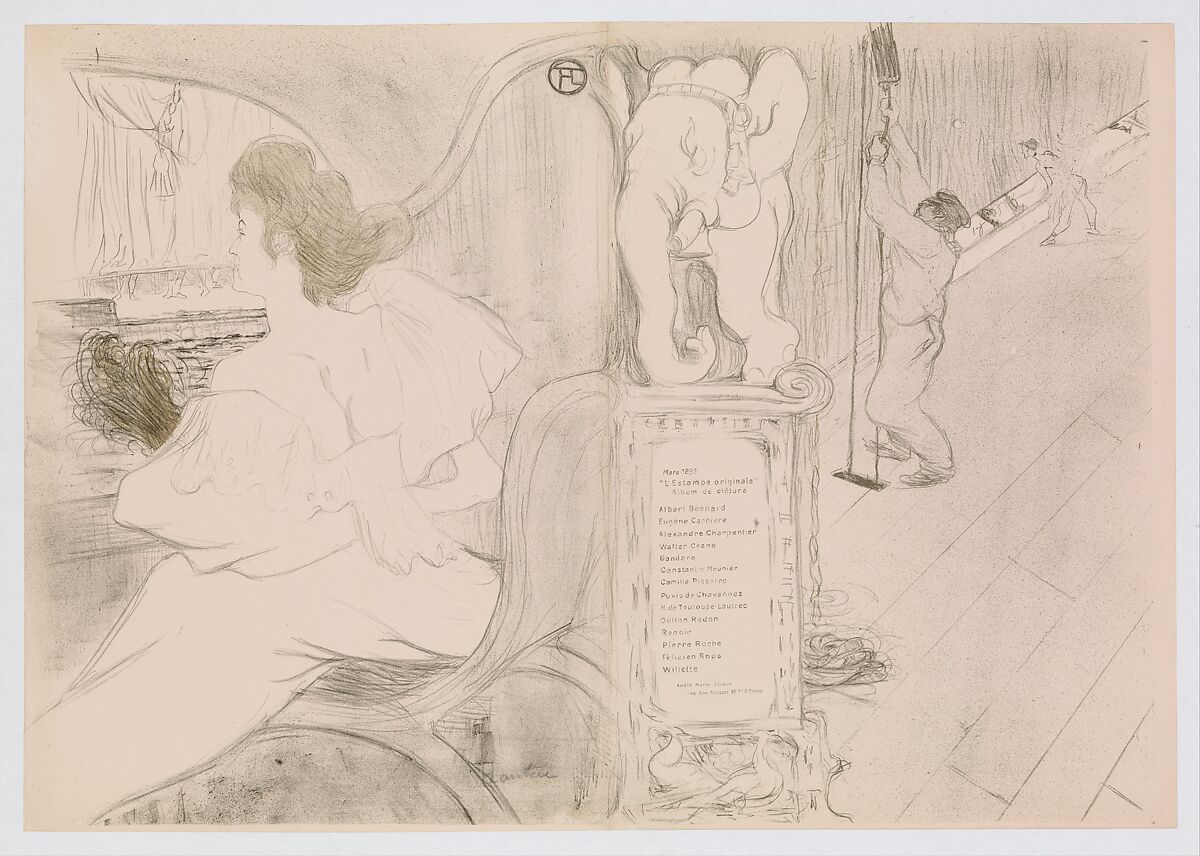 At the Curtain (Au Rideau), from "L'Estampe Originale", Henri de Toulouse-Lautrec (French, Albi 1864–1901 Saint-André-du-Bois), Crayon, brush, and spatter lithograph printed in two colors on wove paper; only state 