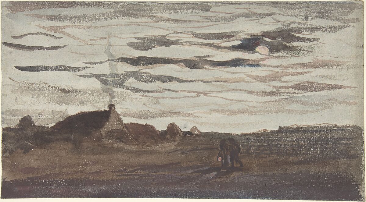 Moonlight, Charles-François Daubigny (French, Paris 1817–1878 Paris), Watercolor on blue laid paper 