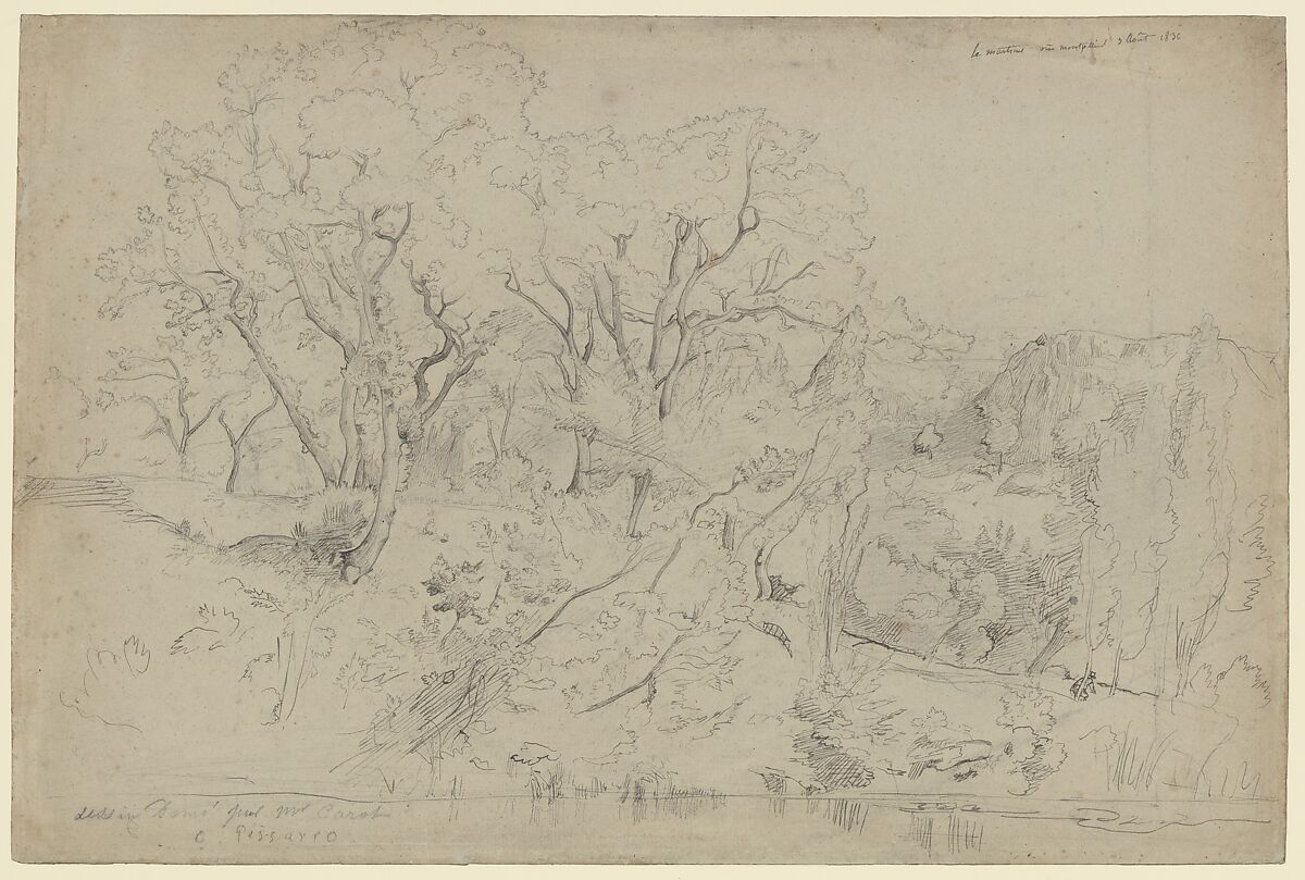 Le Martinet near Montpellier, Camille Corot (French, Paris 1796–1875 Paris), Pen and black ink, graphite on light blue laid paper 