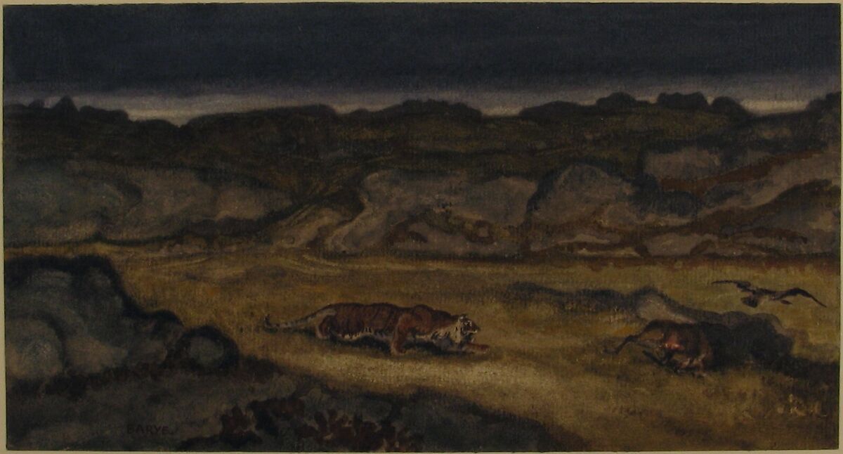 Tiger Stalking Prey, Antoine-Louis Barye (French, Paris 1795–1875 Paris), Watercolor