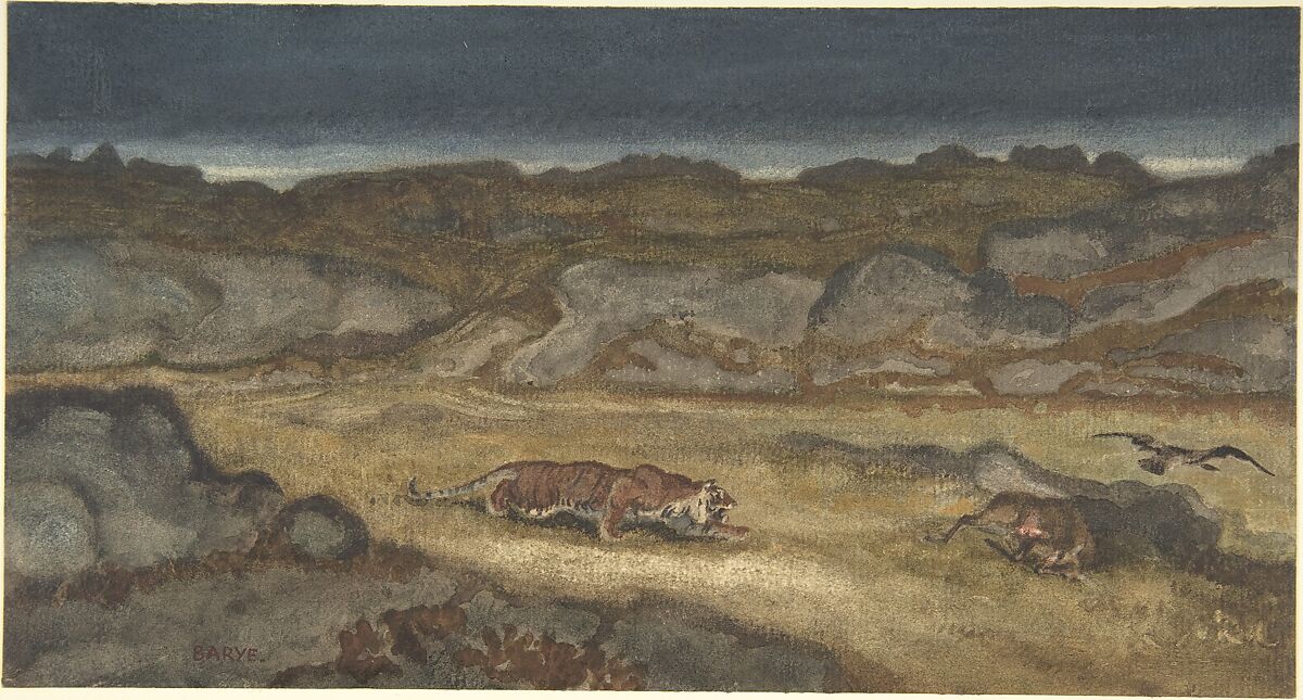 Tiger Stalking Prey, Antoine-Louis Barye (French, Paris 1795–1875 Paris), Watercolor 