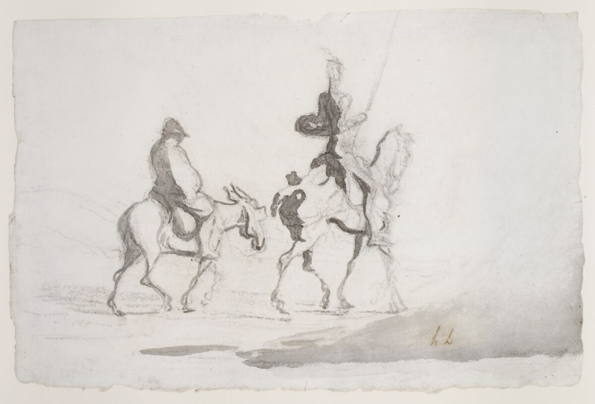 Don Quixote and Sancho Panza, Honoré Daumier (French, Marseilles 1808–1879 Valmondois), Black chalk and gray wash on wove paper
