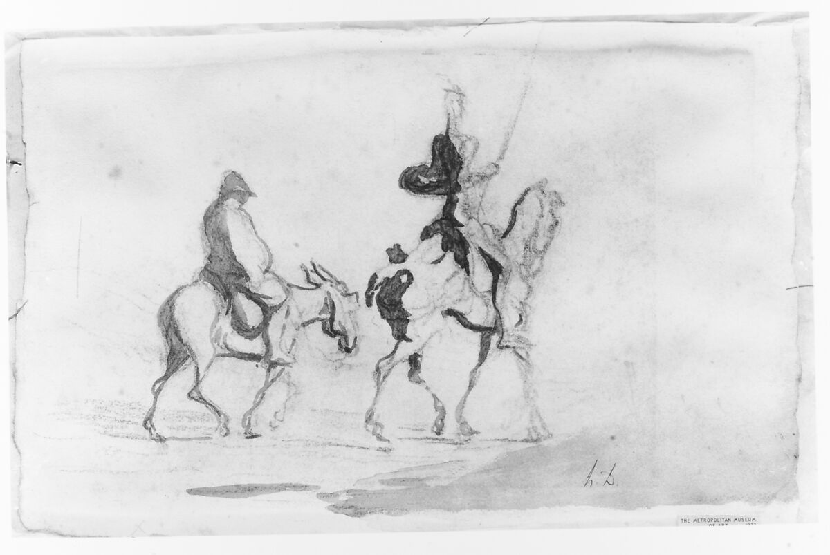 Don Quixote and Sancho Panza, Honoré Daumier (French, Marseilles 1808–1879 Valmondois), Black chalk and gray wash on wove paper