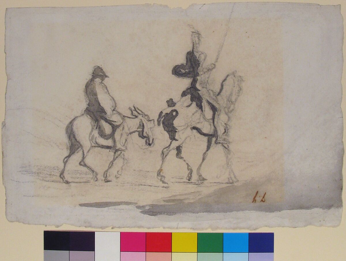 Don Quixote and Sancho Panza, Honoré Daumier (French, Marseilles 1808–1879 Valmondois), Black chalk and gray wash on wove paper