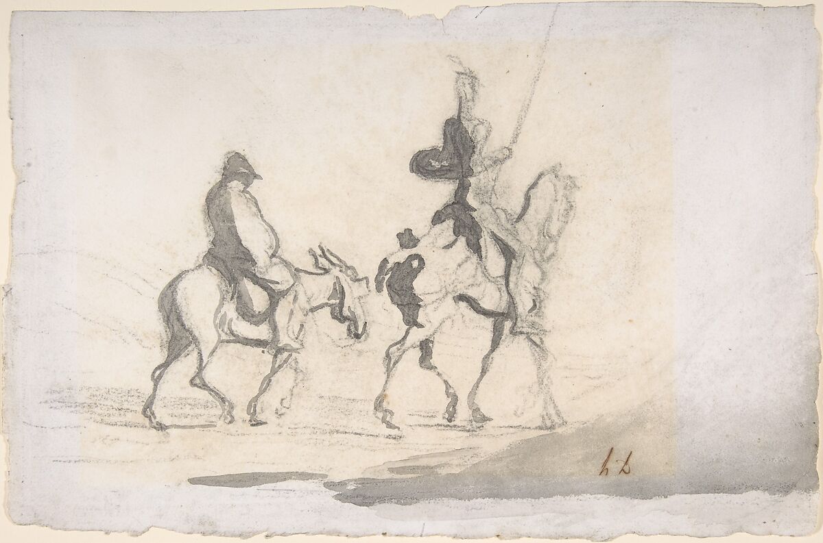 Don Quixote and Sancho Panza, Honoré Daumier (French, Marseilles 1808–1879 Valmondois), Black chalk and gray wash on wove paper 