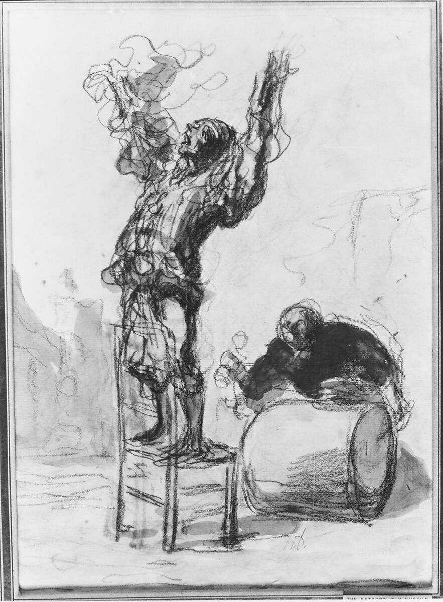 Street Show (Paillasse) (recto); a clown playing a drum (verso), Honoré Daumier (French, Marseilles 1808–1879 Valmondois), Black chalk and watercolor on laid paper (recto);  graphite and black chalk (verso)