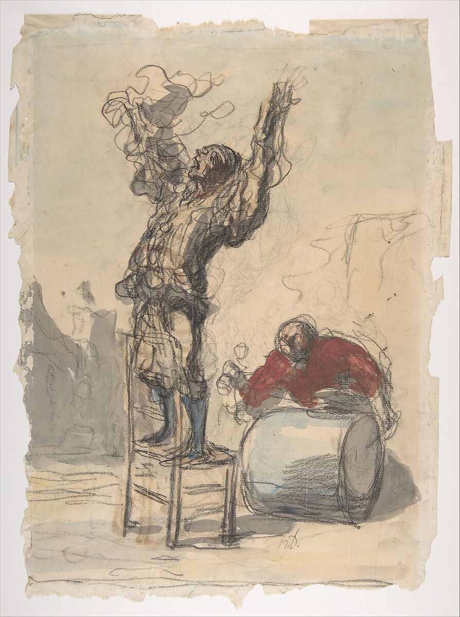 Street Show (Paillasse) (recto); a clown playing a drum (verso), Honoré Daumier  French, Black chalk and watercolor on laid paper (recto);  graphite and black chalk (verso)