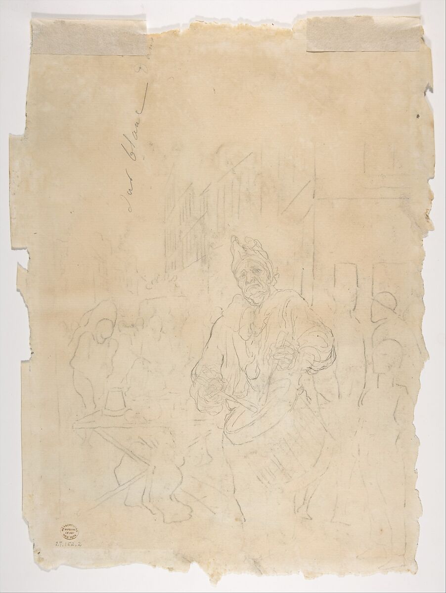 Street Show (Paillasse) (recto); a clown playing a drum (verso), Honoré Daumier (French, Marseilles 1808–1879 Valmondois), Black chalk and watercolor on laid paper (recto);  graphite and black chalk (verso)
