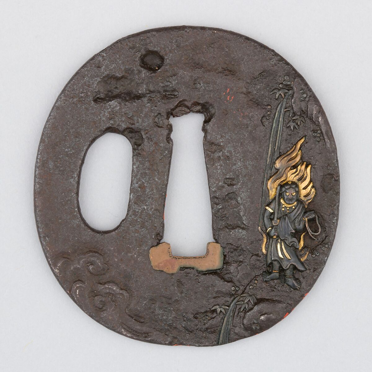 Sword Guard (Tsuba), Iron, copper-gold alloy (shakudō), gold, copper, Japanese