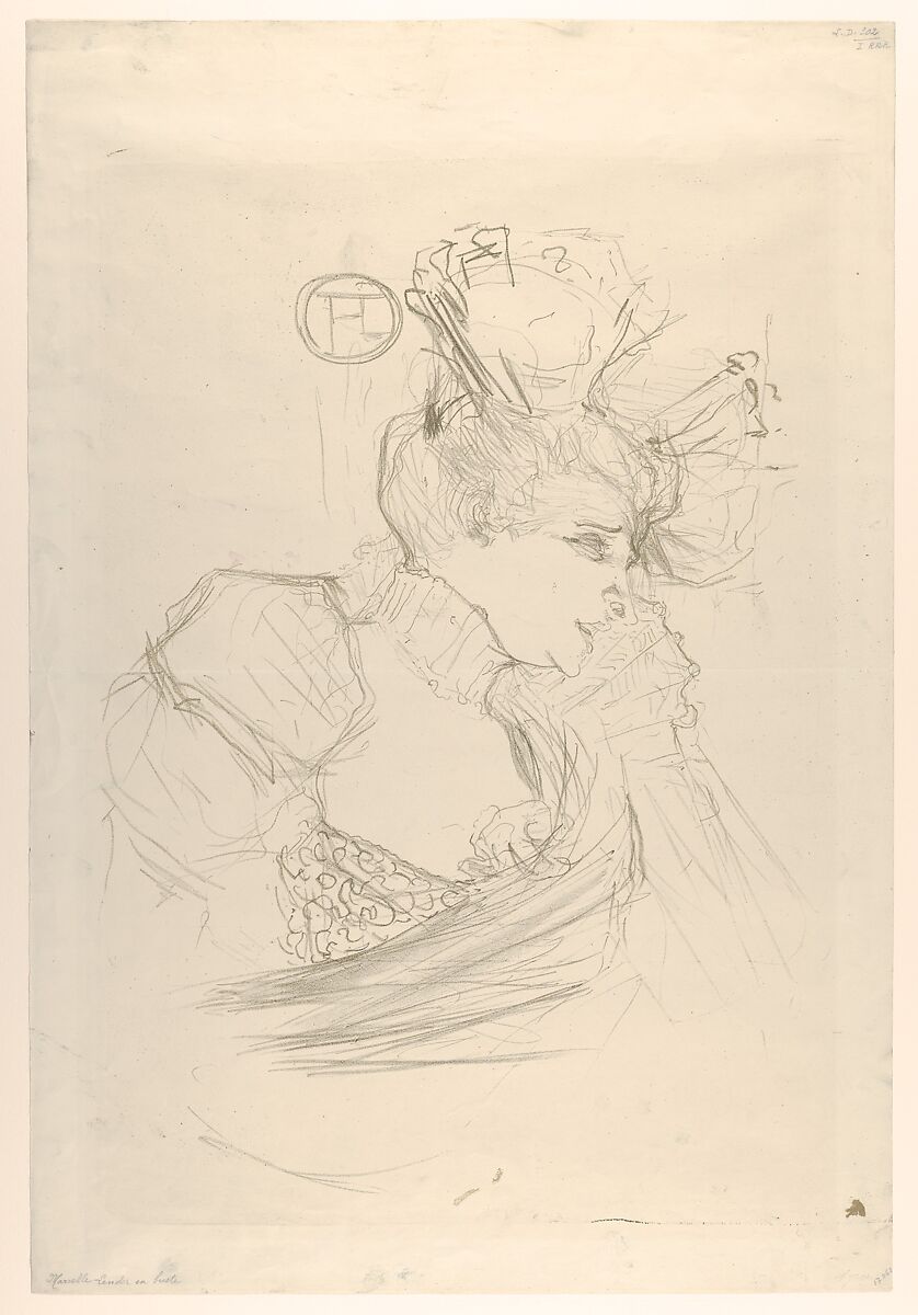 Portrait Bust of Mademoiselle Marcelle Lender, Henri de Toulouse-Lautrec (French, Albi 1864–1901 Saint-André-du-Bois), Crayon lithograph printed in olive green on wove paper; first state of four (one of two known impressions) 