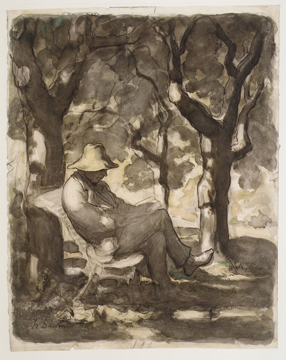 A Man Reading in a Garden (recto); Preliminary sketch for a Man Reading in a Garden (verso), Honoré Daumier (French, Marseilles 1808–1879 Valmondois), Watercolor over black chalk, with pen and ink, brush and wash, and lithographic crayon.
Verso: pen and brown ink, black gray wash, and lithographic crayon
