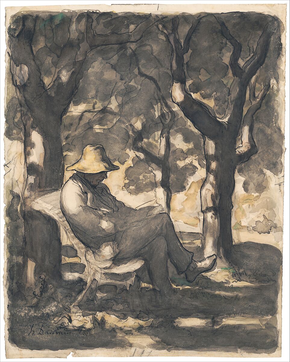 A Man Reading in a Garden (recto); Preliminary sketch for a Man Reading in a Garden (verso), Honoré Daumier (French, Marseilles 1808–1879 Valmondois), Watercolor over black chalk, with pen and ink, brush and wash, and lithographic crayon.
Verso: pen and brown ink, black gray wash, and lithographic crayon