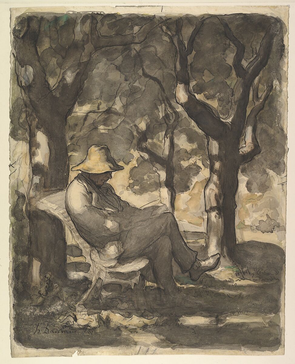 A Man Reading in a Garden (recto); Preliminary sketch for a Man Reading in a Garden (verso), Honoré Daumier (French, Marseilles 1808–1879 Valmondois), Watercolor over black chalk, with pen and ink, brush and wash, and lithographic crayon.
Verso: pen and brown ink, black gray wash, and lithographic crayon