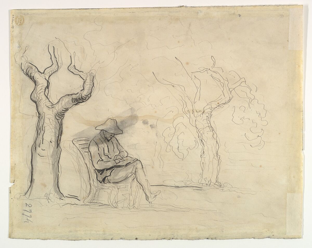 A Man Reading in a Garden (recto); Preliminary sketch for a Man Reading in a Garden (verso), Honoré Daumier (French, Marseilles 1808–1879 Valmondois), Watercolor over black chalk, with pen and ink, brush and wash, and lithographic crayon.
Verso: pen and brown ink, black gray wash, and lithographic crayon