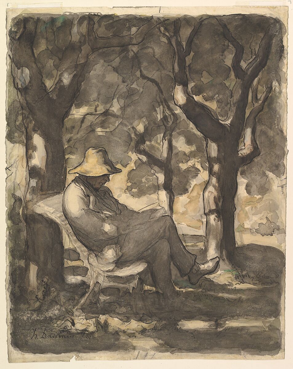 A Man Reading in a Garden (recto); Preliminary sketch for a Man Reading in a Garden (verso), Honoré Daumier  French, Watercolor over black chalk, with pen and ink, brush and wash, and lithographic crayon.<br/>Verso: pen and brown ink, black gray wash, and lithographic crayon