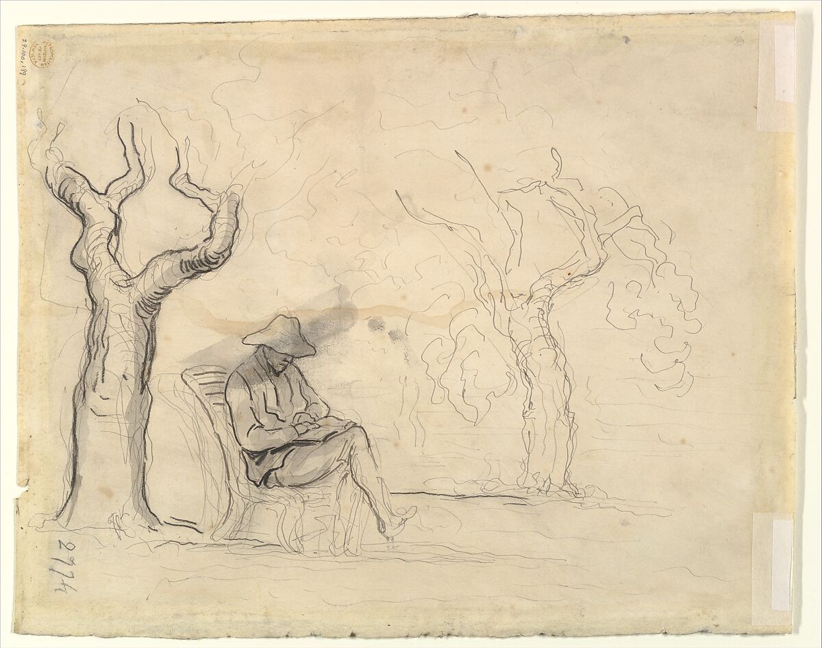 A Man Reading in a Garden (recto); Preliminary sketch for a Man Reading in a Garden (verso), Honoré Daumier (French, Marseilles 1808–1879 Valmondois), Watercolor over black chalk, with pen and ink, brush and wash, and lithographic crayon.
Verso: pen and brown ink, black gray wash, and lithographic crayon