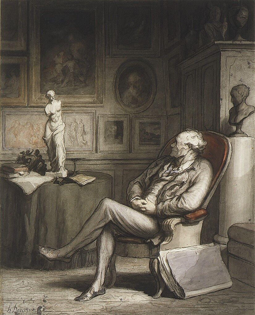 The Connoisseur, Honoré Daumier (French, Marseilles 1808–1879 Valmondois), Pen and ink, wash, watercolor, lithographic crayon, and gouache over black chalk on wove paper 