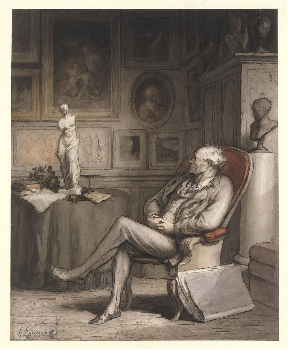 The Connoisseur, Honoré Daumier (French, Marseilles 1808–1879 Valmondois), Pen and ink, wash, watercolor, lithographic crayon, and gouache over black chalk on wove paper