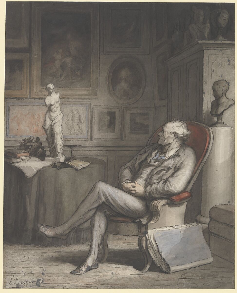 The Connoisseur, Honoré Daumier (French, Marseilles 1808–1879 Valmondois), Pen and ink, wash, watercolor, lithographic crayon, and gouache over black chalk on wove paper