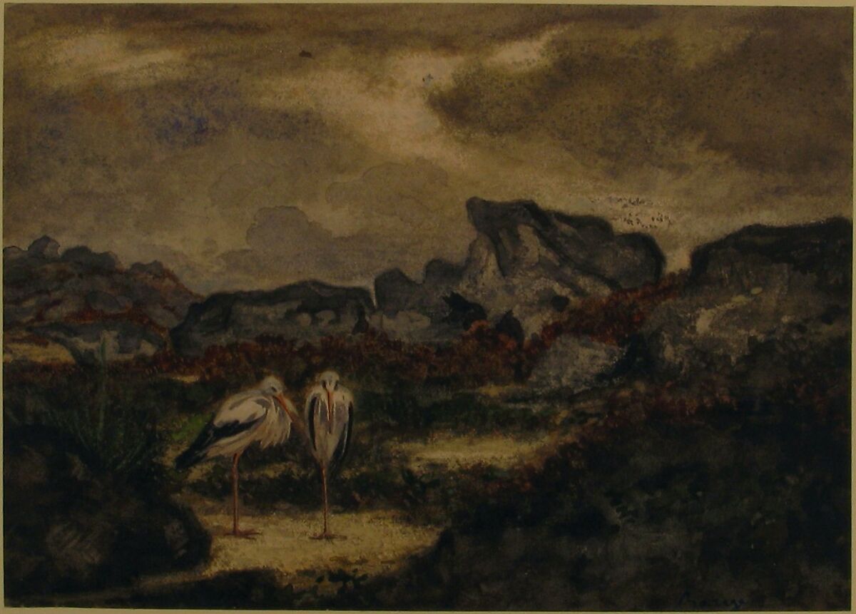 Herons in Landscape, Antoine-Louis Barye (French, Paris 1795–1875 Paris), Watercolor on wove paper