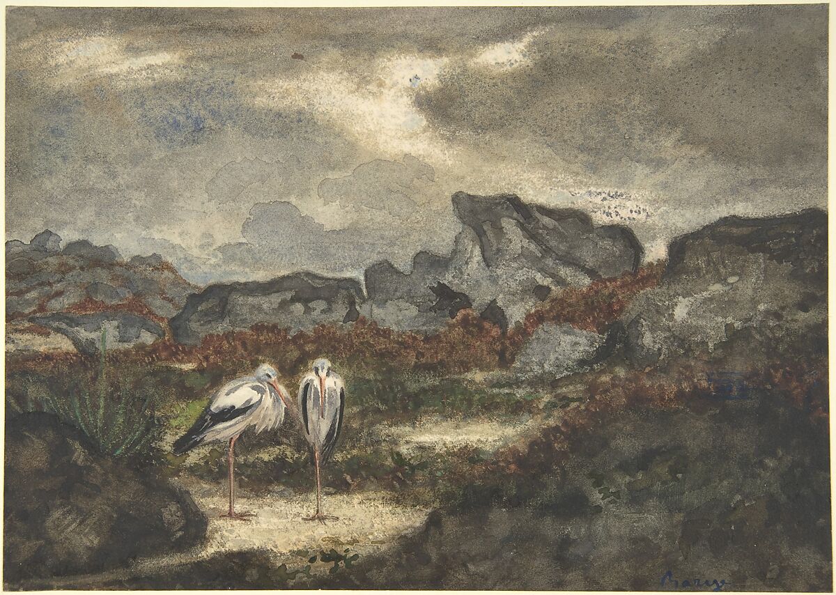 Herons in Landscape, Antoine-Louis Barye (French, Paris 1795–1875 Paris), Watercolor on wove paper 