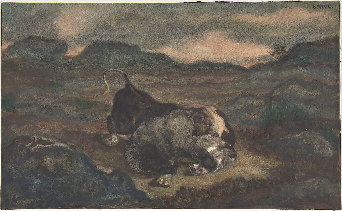 Bear Killing Bull, Antoine-Louis Barye (French, Paris 1795–1875 Paris), Watercolor on wove paper 