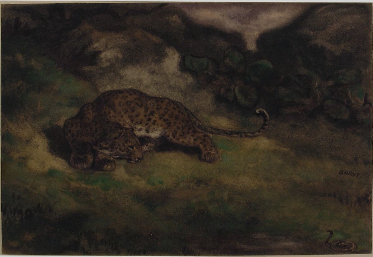 Leopard and Serpent, Antoine-Louis Barye (French, Paris 1795–1875 Paris), Watercolor on laid paper