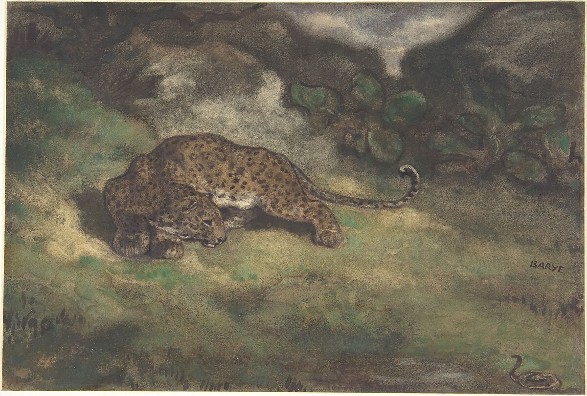 Leopard and Serpent, Antoine-Louis Barye (French, Paris 1795–1875 Paris), Watercolor on laid paper 