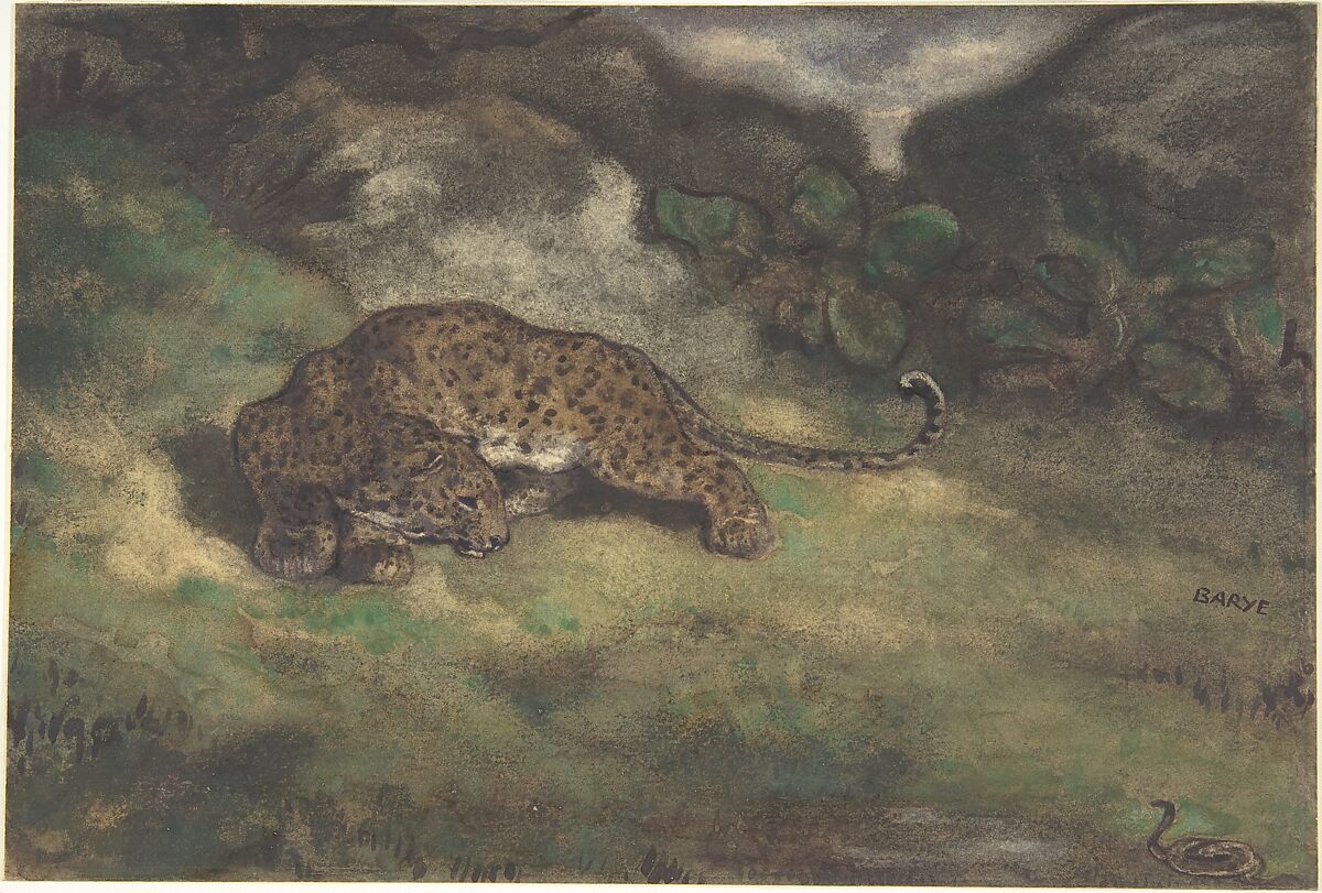 Leopard and Serpent, Antoine-Louis Barye  French, Watercolor on laid paper