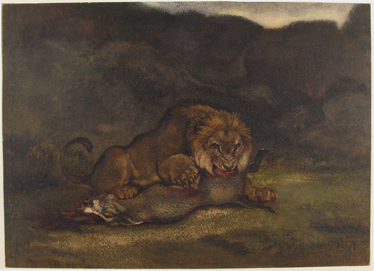 Lion Devouring Prey, Antoine-Louis Barye (French, Paris 1795–1875 Paris), Watercolor