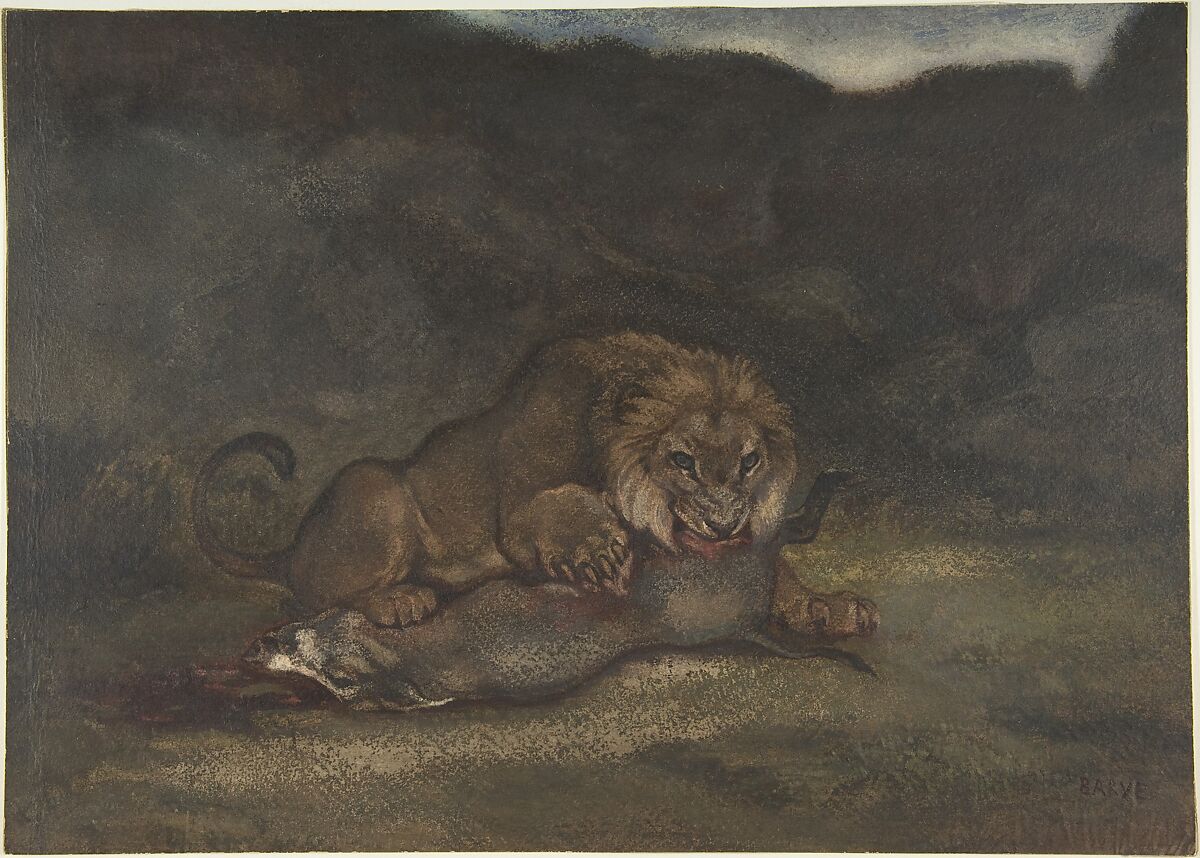 Lion Devouring Prey, Antoine-Louis Barye (French, Paris 1795–1875 Paris), Watercolor 
