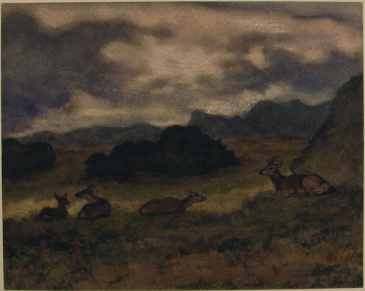 Deer in Landscape, Antoine-Louis Barye (French, Paris 1795–1875 Paris), Watercolor on wove paper