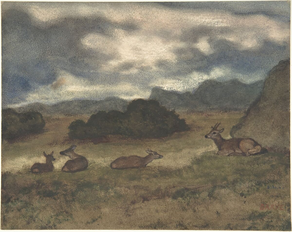 Deer in Landscape, Antoine-Louis Barye (French, Paris 1795–1875 Paris), Watercolor on wove paper 