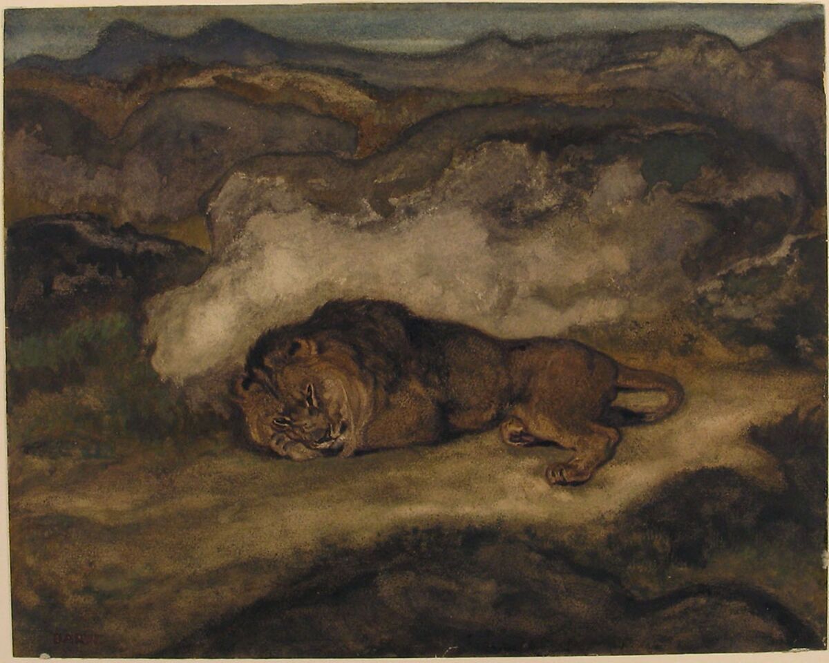 Lion Sleeping, Antoine-Louis Barye (French, Paris 1795–1875 Paris), Watercolor on wove paper, lined