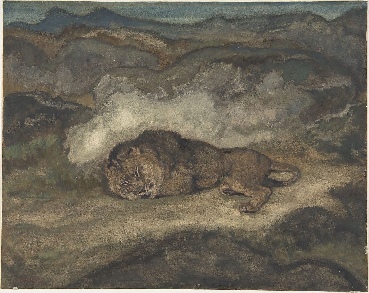 Lion Sleeping, Antoine-Louis Barye (French, Paris 1795–1875 Paris), Watercolor on wove paper, lined 