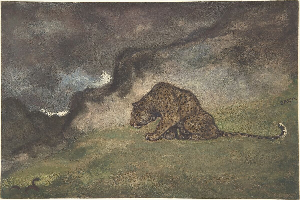 Leopard Watching Serpent, Antoine-Louis Barye (French, Paris 1795–1875 Paris), Watercolor on wove paper 
