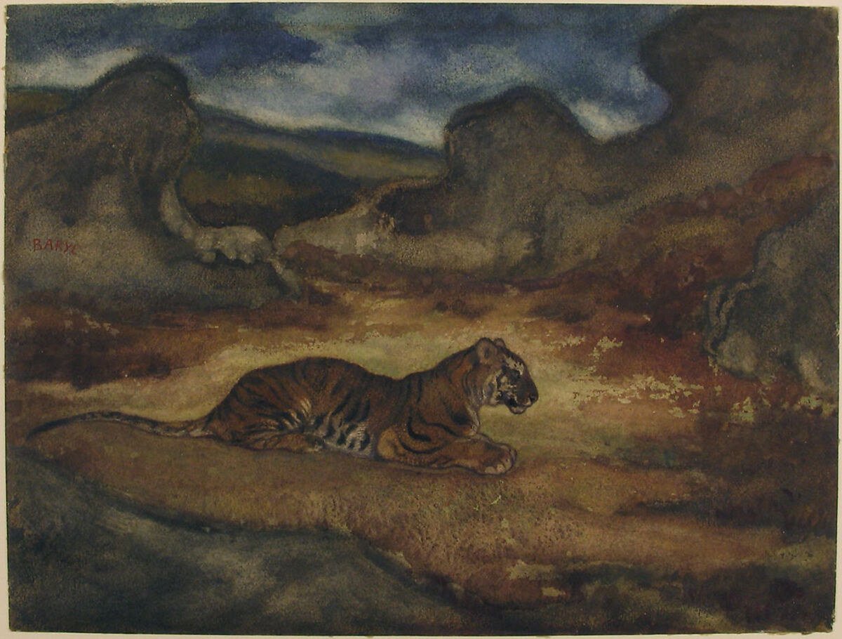Tiger in Landscape, Antoine-Louis Barye (French, Paris 1795–1875 Paris), Watercolor on lined paper