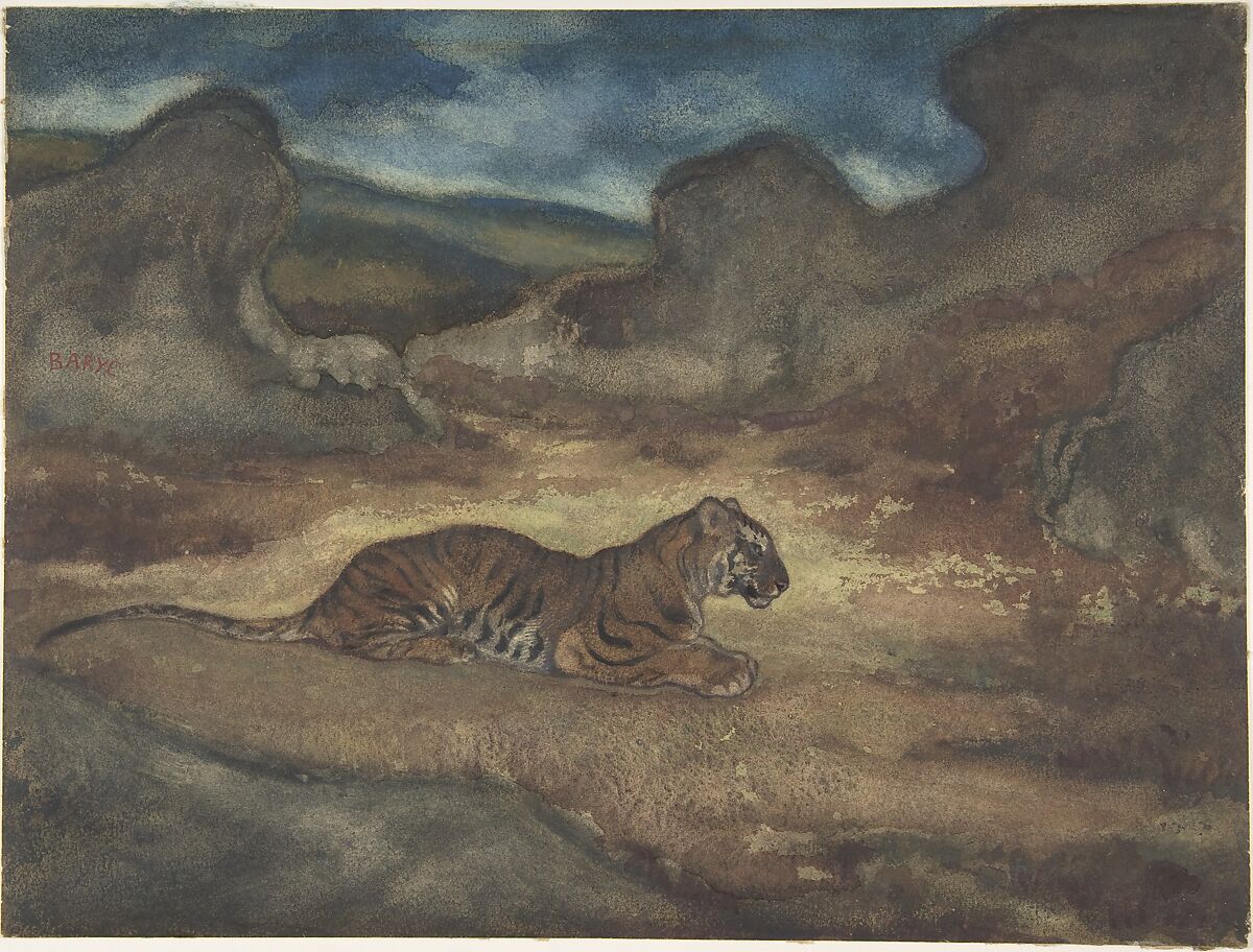 Tiger in Landscape, Antoine-Louis Barye (French, Paris 1795–1875 Paris), Watercolor on lined paper 