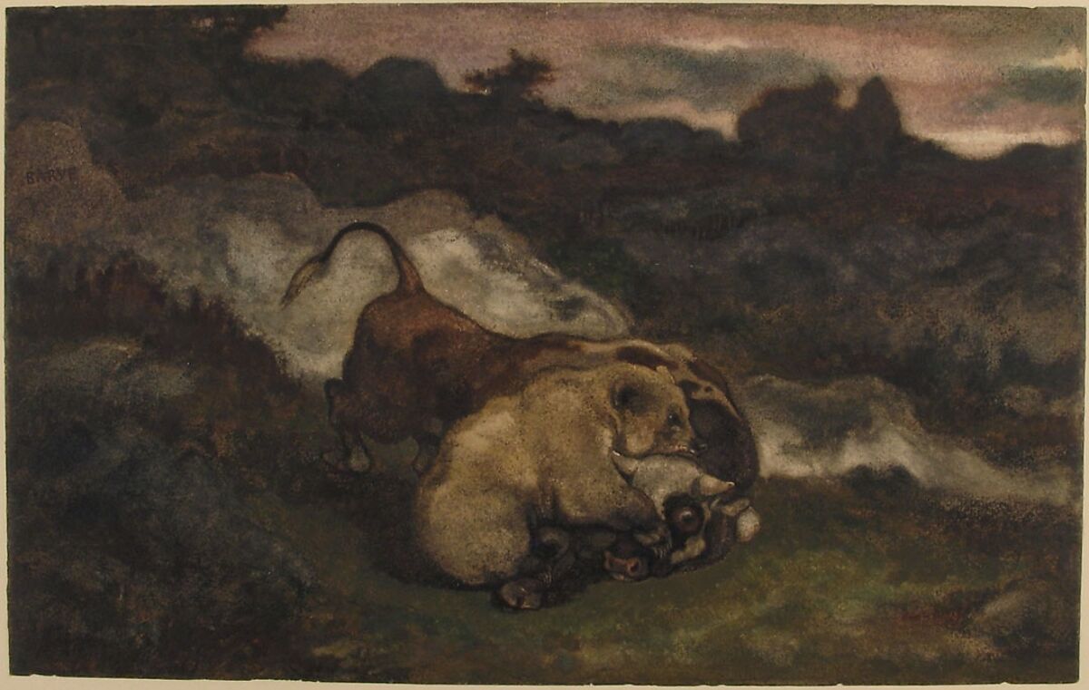 Bear Killing a Bull, Antoine-Louis Barye (French, Paris 1795–1875 Paris), Watercolor on wove paper
