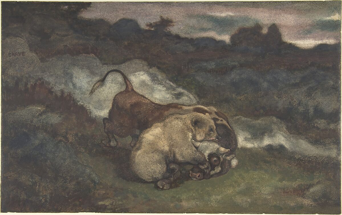 Bear Killing a Bull, Antoine-Louis Barye (French, Paris 1795–1875 Paris), Watercolor on wove paper 
